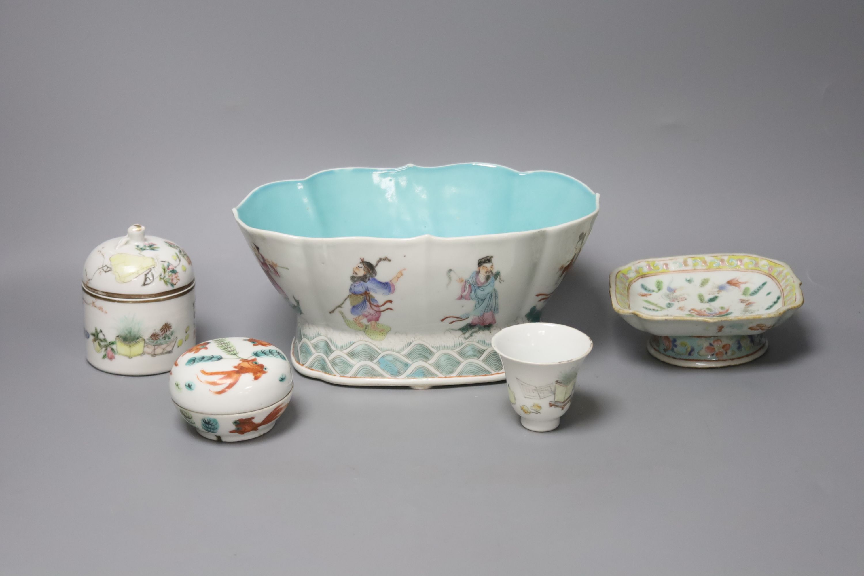 A Chinese small square porcelain bowl, Jiaqing mark, and four items of late 19th/early 20th century Chinese porcelain